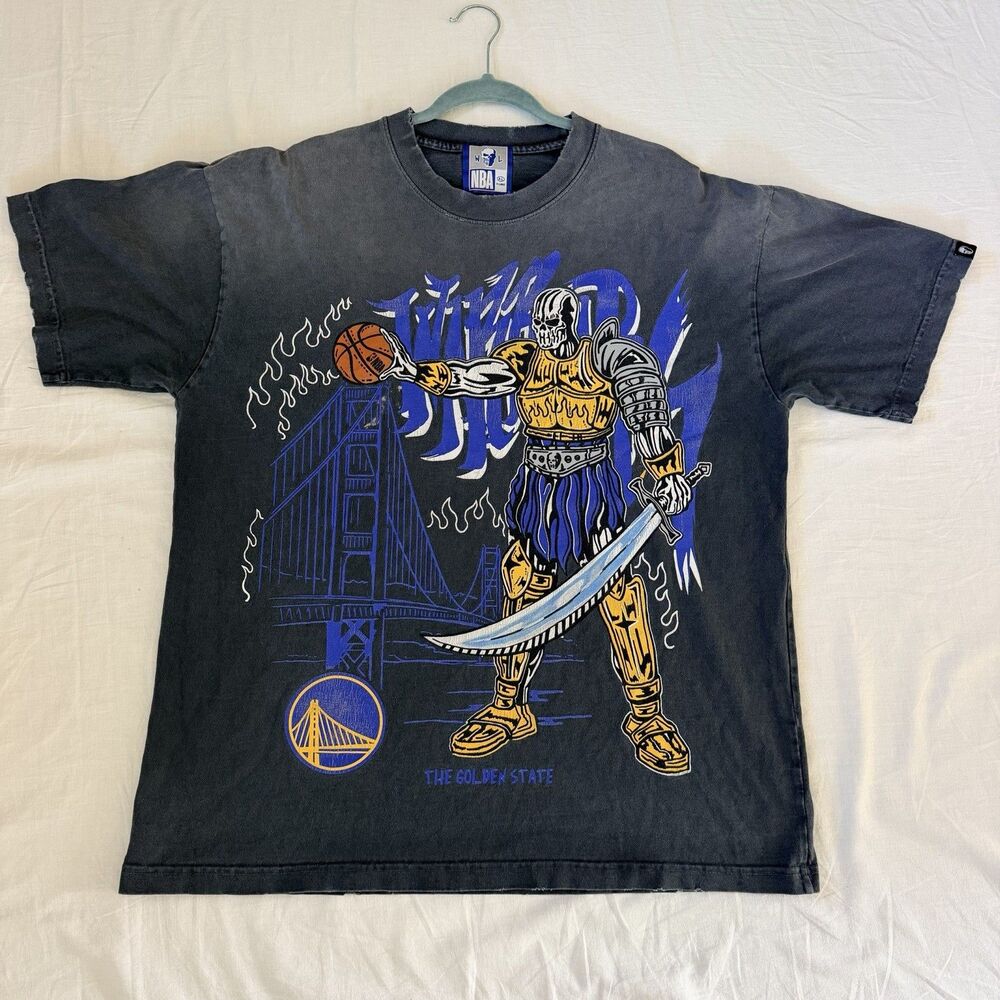 Warren Lotas x NBA Golden State Warriors T Shirt XL Skull Knight Distressed Grey